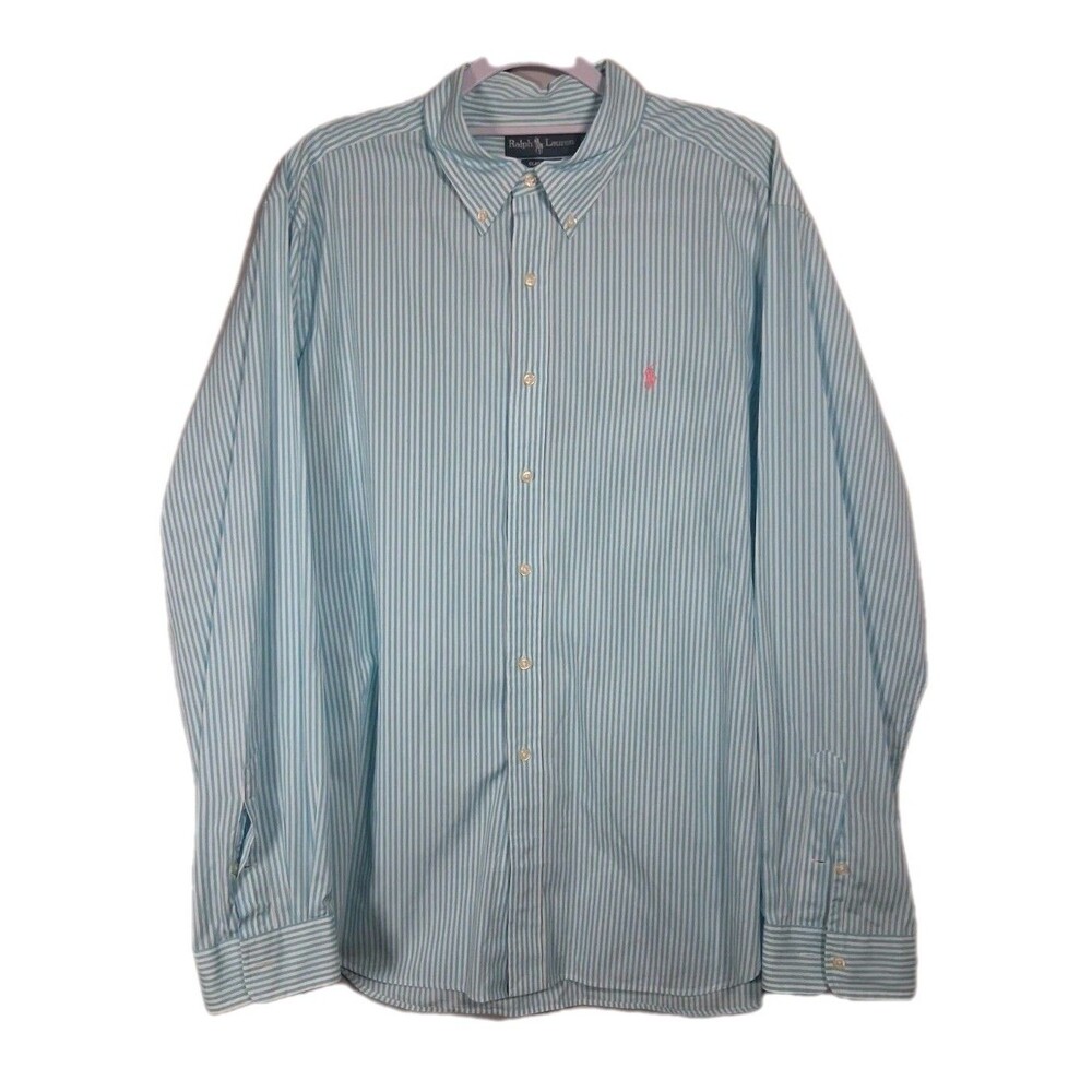 Ralph Lauren Shirt Mens XXL Aqua Blue White Stripes Pink Button Down Spring